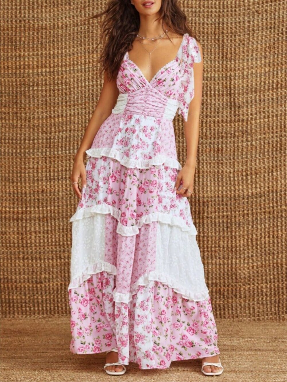 Pink Boho Women's Floral Tie Shoulder Smocked V-Neck Maxi Sundress